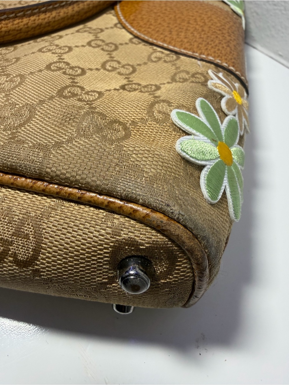 Gucci Beige Brown GG Canvas with aftermarket Floral Appliqué Shoulder Bag w COA - Picture 14 of 16